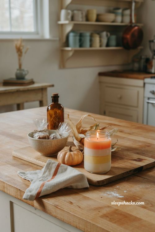 ```text id="c4n8lz" Black cat shaped Halloween candle on a vintage wooden shelf beside two ivory taper candles, antique brass holders, miniature pumpkin, dried autumn branches, old hardcover book, warm walnut wood, soft natural window light, gentle candle glow, elegant cottage Halloween decor, subtle gothic style, cozy nostalgic atmosphere, photorealistic editorial interior photography, Pinterest-worthy ```