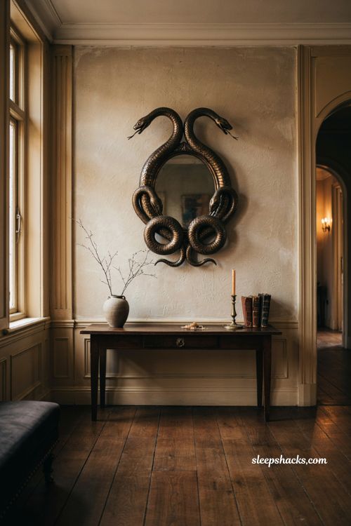 two headed snake mirror for classy gothic halloween decor in an elegant foyer