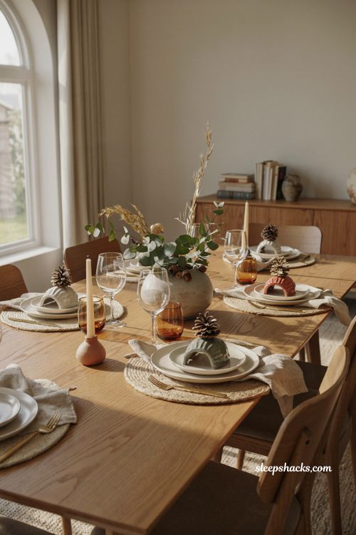 upside down bowl Thanksgiving place setting with pinecone modern holiday table decor