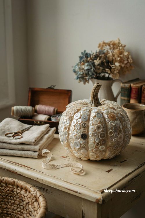 vintage button pumpkin with doily for heirloom farmhouse fall decor