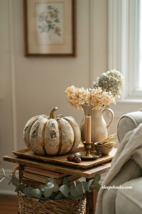 vintage decoupage foam pumpkin with antique farmhouse fall decor ideas