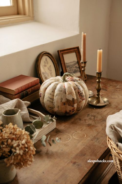 vintage decoupage foam pumpkin with antique inspired farmhouse fall decor
