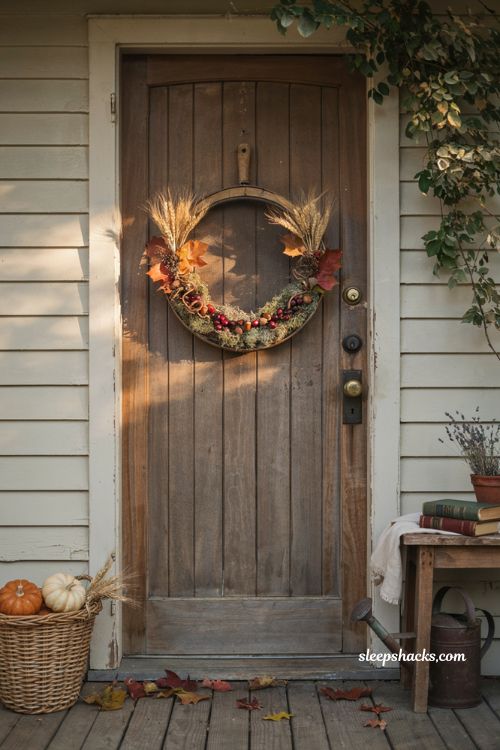 vintage grain sifter wreath with rustic fall front door decor