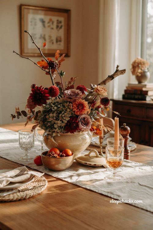 vintage punchbowl fall centerpiece ideas with dahlias and rustic autumn table decor