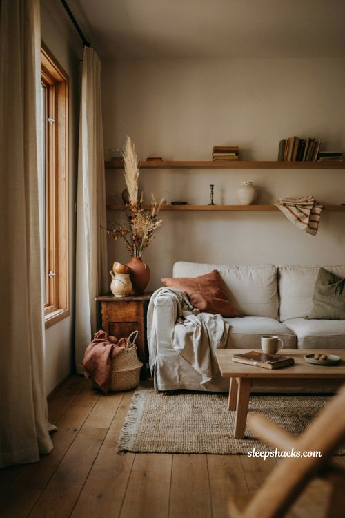 warm fall living room decor with rust olive gold colors and cozy simple accents