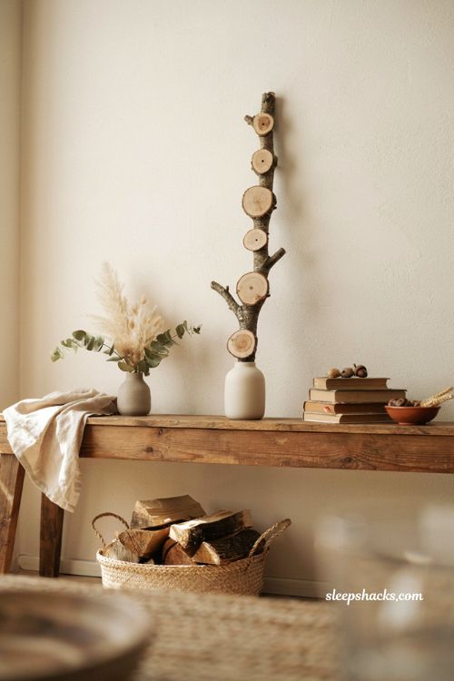 wood slice branch decor ideas for minimalist fall home styling