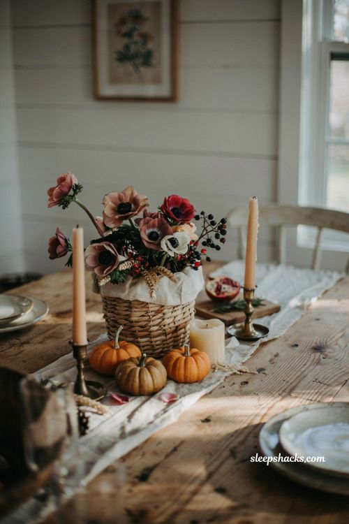 woven basket fall centerpiece ideas with flowers pumpkins and rustic autumn table decor