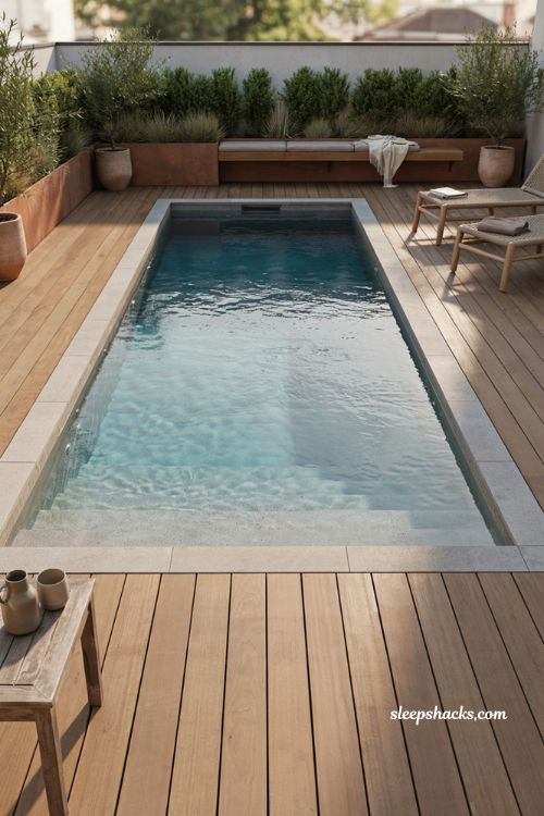 zen retreat small plunge pool ideas with neutral stone landscaping and peaceful backyard design