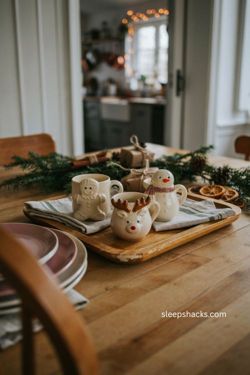 3D embossed Christmas mugs with gingerbread snowman and reindeer holiday designs 
