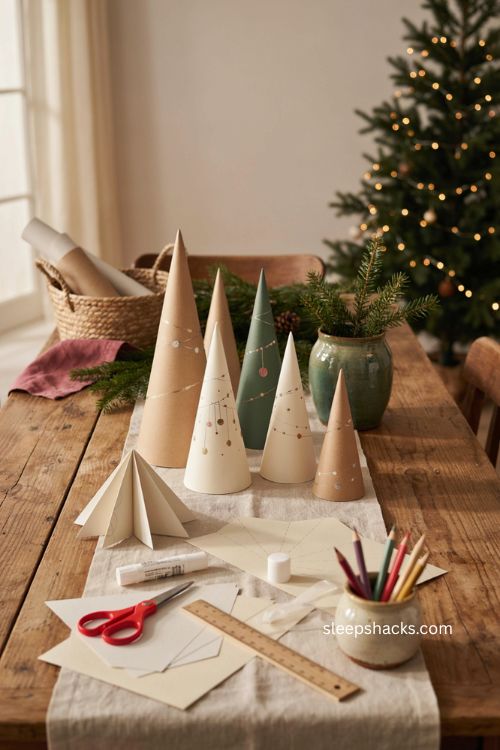 3D paper Christmas tree craft with folded printable templates and handmade holiday decor