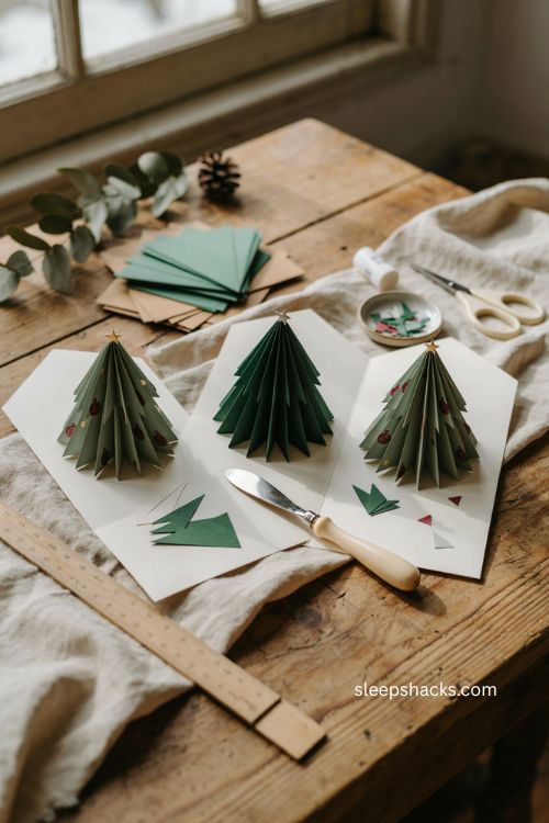3D pop up Christmas tree cards with layered paper trees and cozy handmade holiday craft ideas 