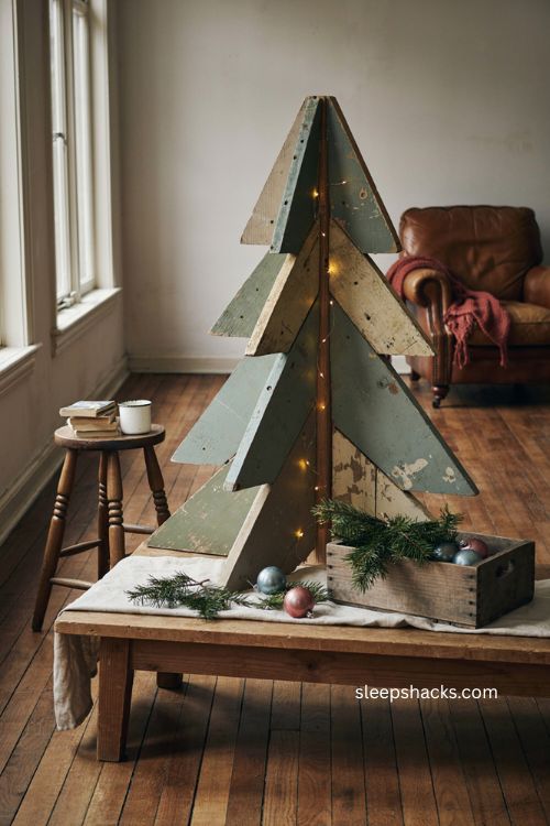 3d stacked reclaimed wood christmas tree with weathered chippy paint and rustic layers 