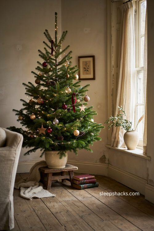 4 ft Christmas tree decorated in cozy small space with vintage ornaments and warm lights 