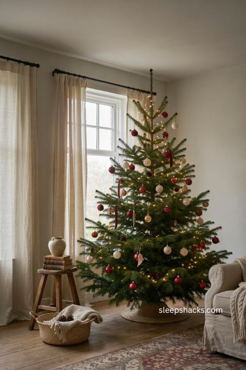 4 ft Christmas tree decorated with proportional 3 to 4 inch ornaments and warm lights 
