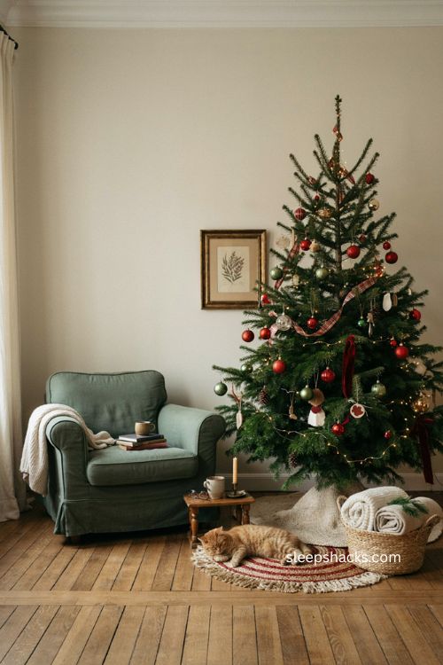 4 ft Christmas tree decorated with traditional red and green ornaments and plaid ribbon 