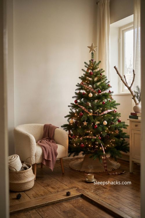 4 ft Christmas tree decorating a small apartment corner with cozy coordinated holiday decor 