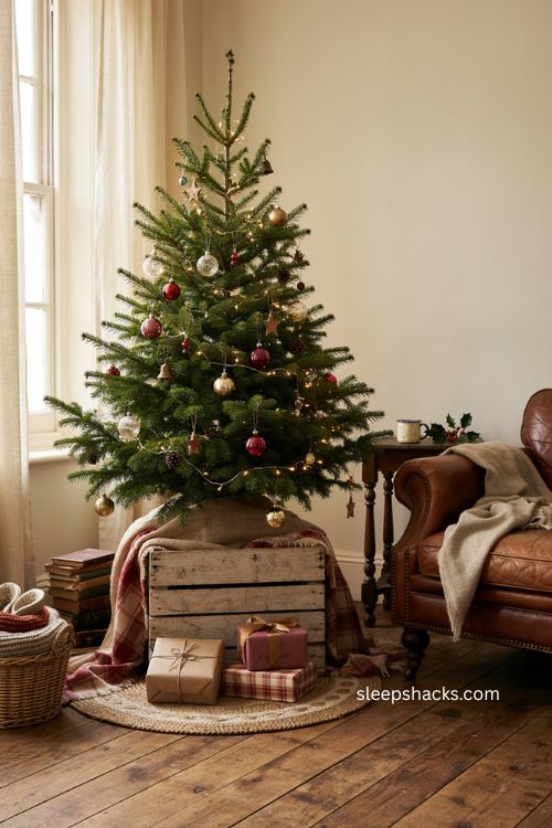 4 ft Christmas tree on rustic wooden crate pedestal with plaid fabric and visible gifts 