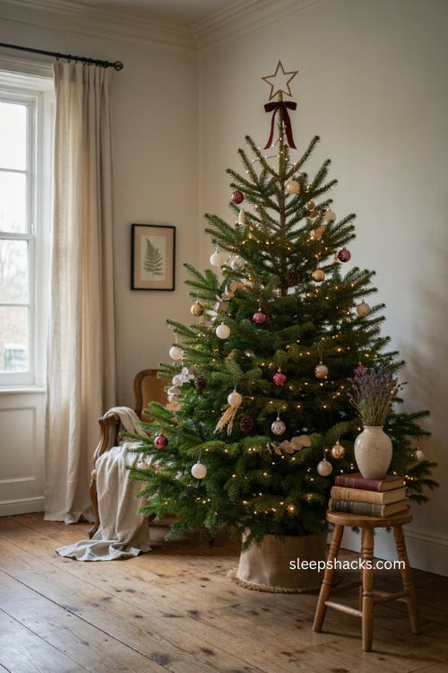 4 ft Christmas tree with a petite star topper and balanced holiday decorations 
