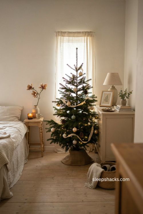 4 ft Christmas tree with warm white lights in a cozy bedroom corner 