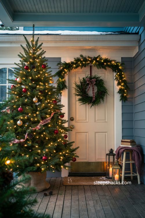 4 ft battery operated Christmas tree glowing on a cozy front porch with warm white lights 