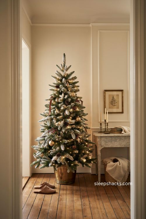 4 ft flocked Christmas tree in gold pot with warm lights and elegant entryway decor 
