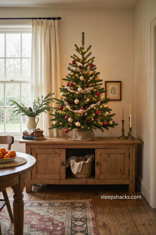 4 ft tabletop Christmas tree displayed on a cozy wooden sideboard with warm lights 
