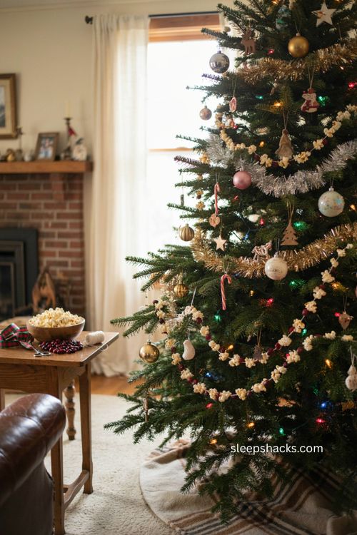 90s Christmas tree with homemade popcorn and cranberry garland 