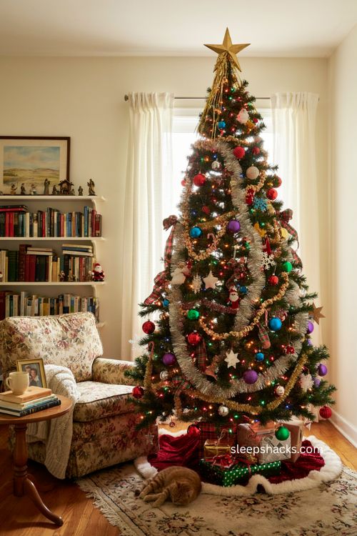 90s Christmas tree with layered tinsel lights ornaments and Santa decor 