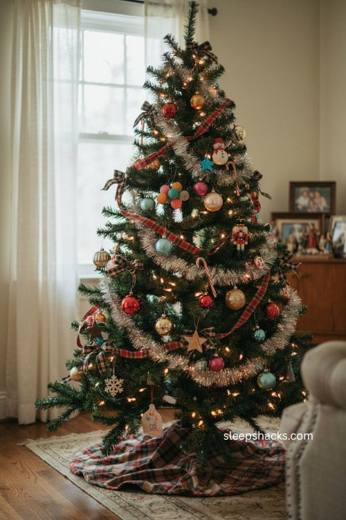 90s Christmas tree with plaid ribbon tartan bows and vintage ornaments 