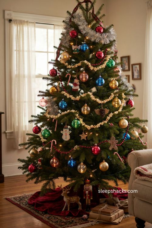 90s Christmas tree with vintage bubble lights and colorful nostalgic ornaments 