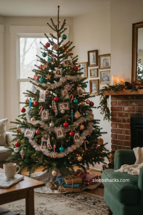 90s Christmas tree with vintage family photo frame ornaments 