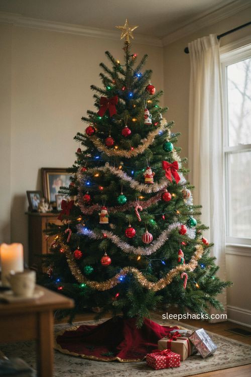 90s christmas tree with colorful red green blue yellow string lights and vintage ornaments