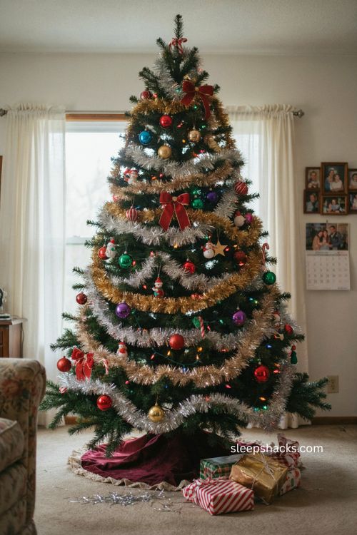 90s christmas tree with fluffy silver and gold tinsel and colorful ornaments