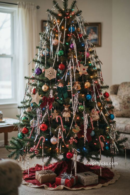 90s christmas tree with icicle tinsel strands colorful lights and vintage ornaments