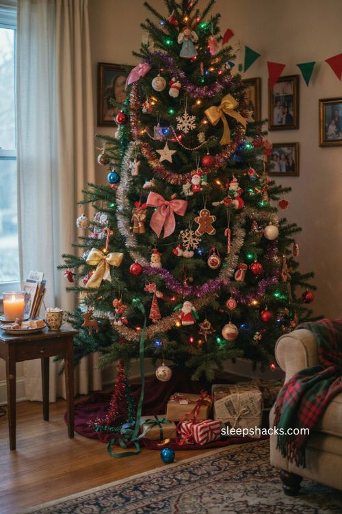 90s christmas tree with mismatched ornaments colorful lights tinsel and nostalgic decor