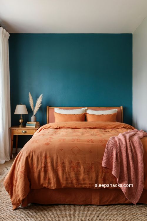A teal wall behind bold orange bedding in a cozy bedroom