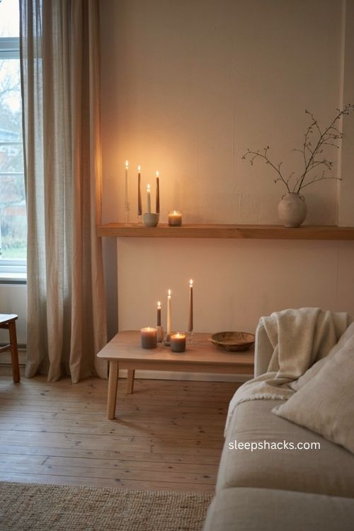 A wide eye-level editorial photograph of a serene Scandinavian entryway centered on a tall, simple ceramic vase filled with an airy cluster of bare birch branches, positioned on a minimalist natural wood console with generous vertical and horizontal negative space so the delicate branches and pale textured bark become the quiet focal point; a calm Nordic interior with pale oak flooring, softly textured plaster walls, clean architectural lines, a narrow understated console, and an uncluttered lived-in character that feels peaceful and timeless rather than decorated for a season; a soft grounding palette of warm ivory, pale gray, natural birch white, light oak, oatmeal, muted taupe, and subtle warm brown; several naturally irregular birch branches with clearly visible papery bark texture and graceful branching silhouettes, arranged loosely in a handmade matte ceramic vase, accompanied only by a small weathered wooden bowl, one folded linen textile, a simple woven basket beneath the console, and subtle imperfections in the wood and ceramic surfaces, with plenty of untouched space surrounding the arrangement; soft natural daylight entering from a nearby window, gently illuminating the pale bark and creating delicate realistic shadows across the plaster wall and wooden console, with a faint warm interior glow adding comfort without competing with the natural light; soft neutral colors instantly create a feeling of calm, weathered birch bark and natural wood add warmth and depth, simple permanent-looking details create lasting charm, the entryway feeling quiet, grounded, nostalgic, and effortlessly autumnal, capturing the peaceful transition of the season through bare branches alone and showing how one sculptural natural element can bring height, warmth, and the feeling of changing trees into a minimalist Scandinavian home; no people, no text, no watermarks, no blur, no bokeh, all surfaces in sharp focus, photorealistic, 4K resolution, editorial interior photography, Pinterest-worthy 