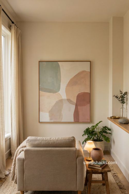 Abstract art across from a client chair in a calming therapy office with muted green terracotta and dusty rose 