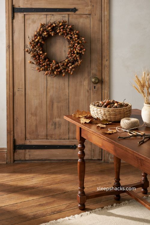Acorn grapevine wreath Thanksgiving door decor with clustered acorns and rustic natural autumn texture 