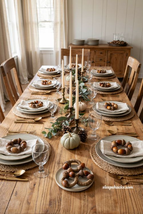 Acorn napkin rings for a rustic Thanksgiving tablescape with woodland decor