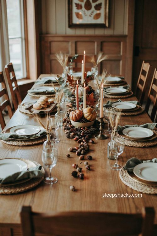 Acorns and pinecones scattered on a cozy Thanksgiving table 