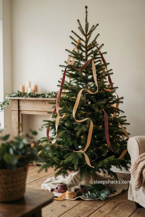 Add Christmas tree ribbon before ornaments for easy decorating 