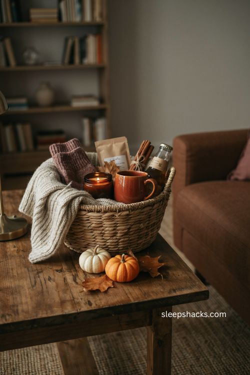 Adult Halloween boo basket ideas with cozy throw socks pumpkin candle and mug 