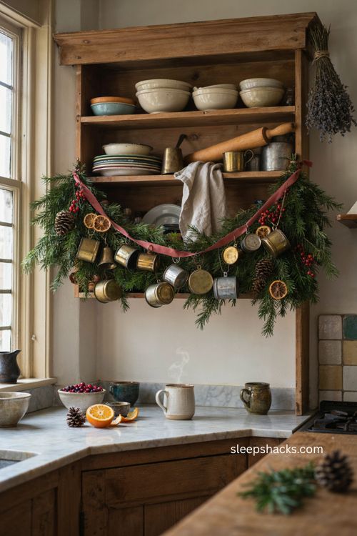 Advent calendar Christmas garland with vintage tins in farmhouse kitchen