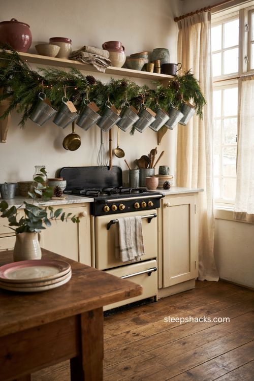 Advent calendar garland Christmas decor with galvanized buckets and greenery