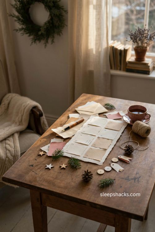 Advent countdown Christmas card for boyfriend with twelve handmade love notes and cozy holiday writing setup 