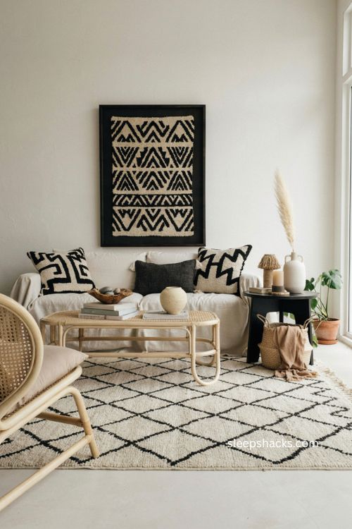 Afro boho living room with black and ivory contrast cane furniture and textile art