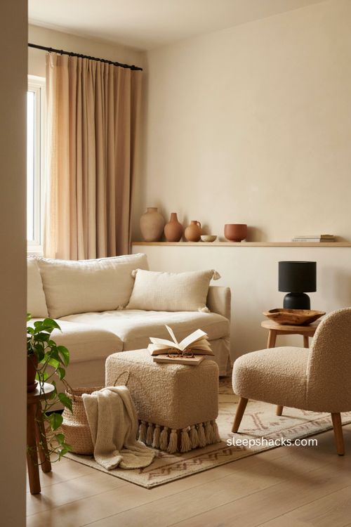 Afro boho living room with clay cream tones fringe and soft natural textures
