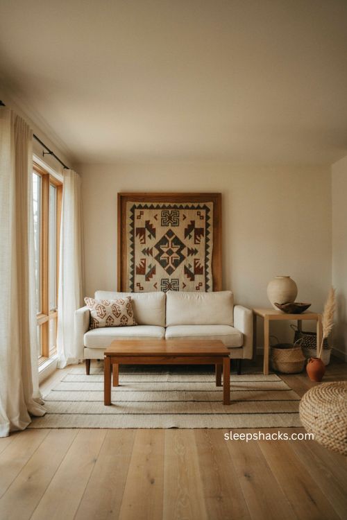 Afro boho living room with clean furniture heritage textiles and woven baskets