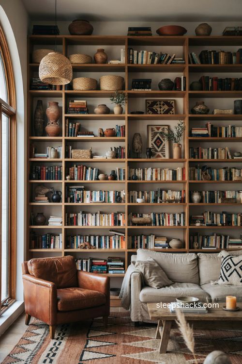 Afro boho living room with collected bookshelves leather chair and woven decor